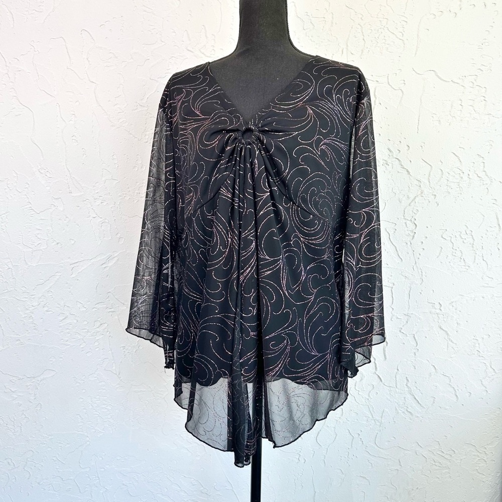 Vintage 90s Y2K Black Pink Metallic Sheer Mesh Blouse O-ring Plus Size 22/24